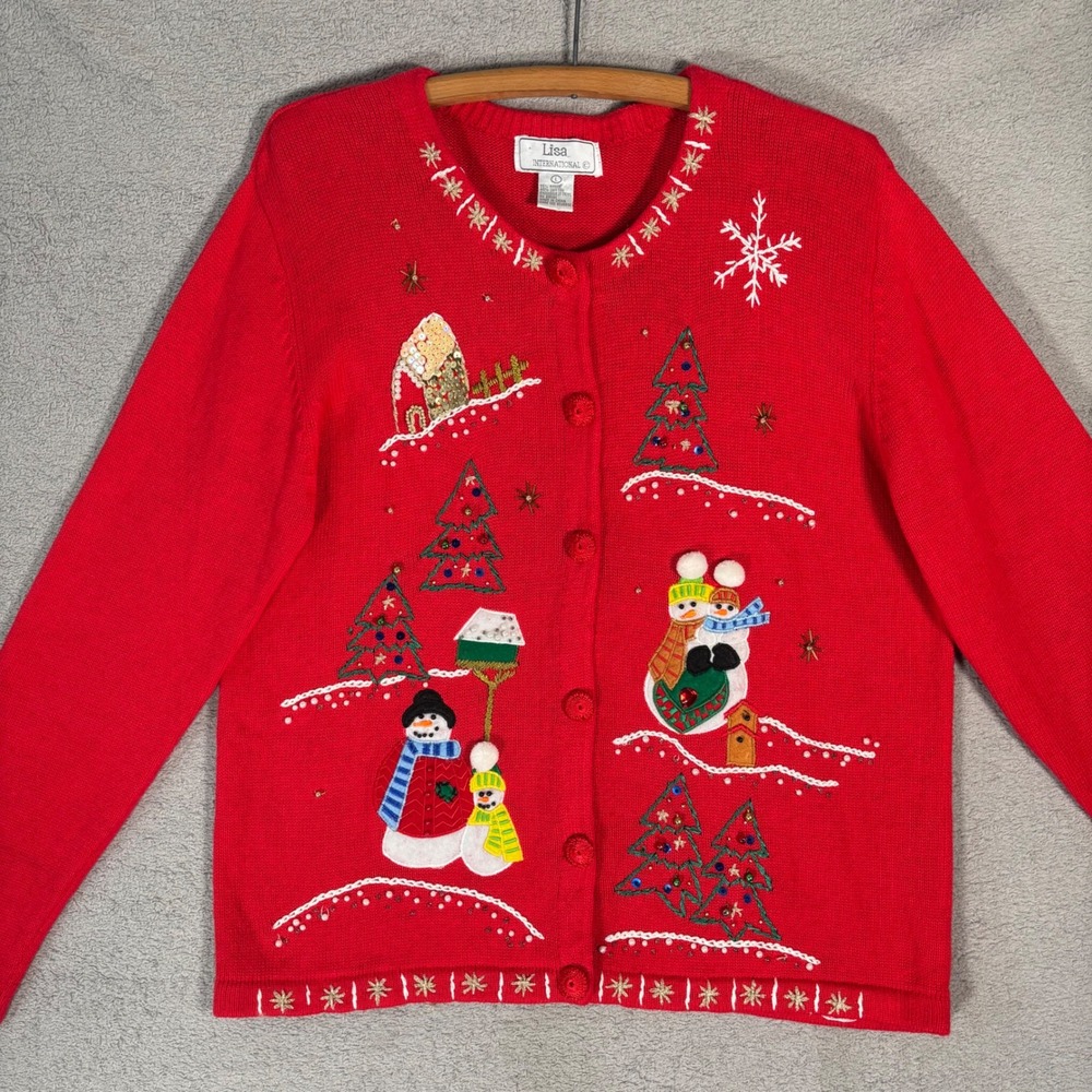Lisa International Cardigan Women's Size L Red Snowman Christmas Ugly Sweater